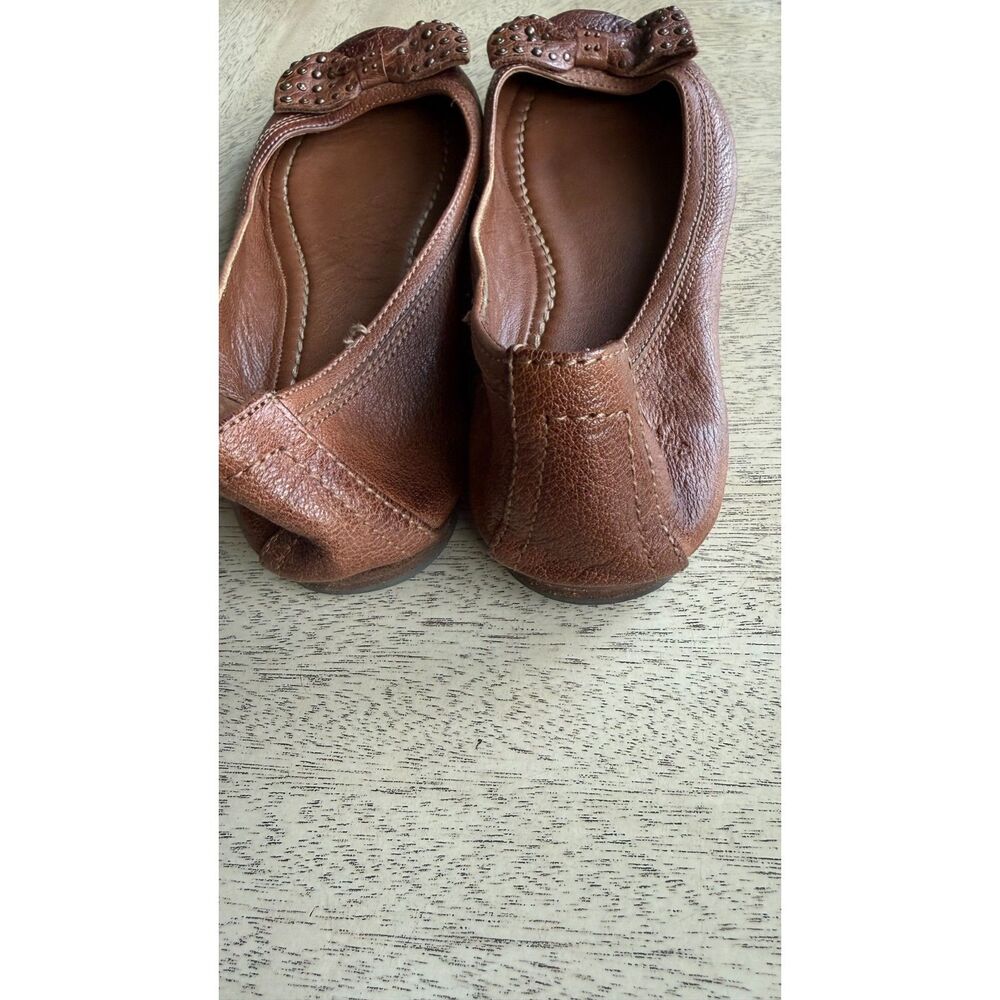 Frye Brown Leather Ballet Flats Studded Bow Distressed Western Boho Shoes - Picture 2 of 6